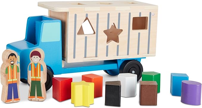 Melissa & Doug Shape-Sorting Wooden Dump Truck Toy with 9 Colorful Shapes and 2 Play Figures Wooden Vehicle Toys, Shape Sorter Toys for Toddlers Ages 2+