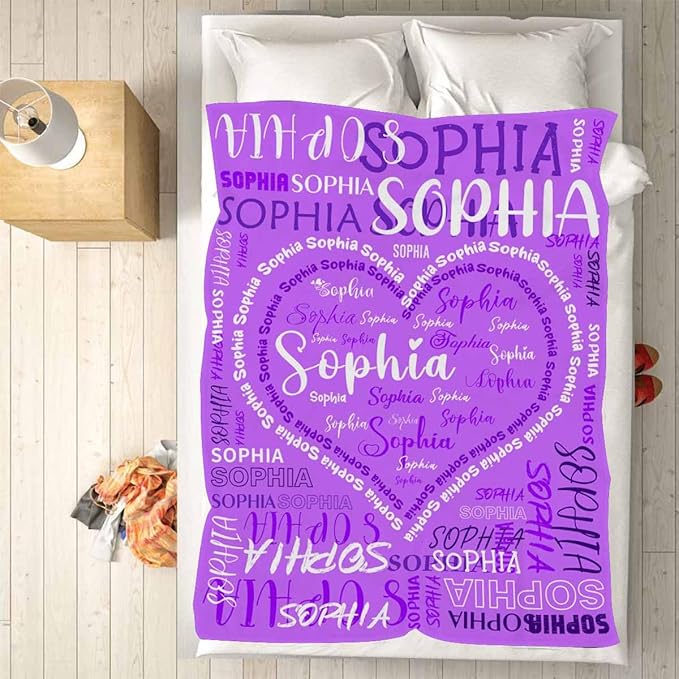 M YESCUSTOM Custom Baby Blanket with Name, Personalized Name Throw Blanket for Girls Boys Kids Customized Flannel Blanket for Men Women Valentines Day Mother's Day Christmas Newborns Purple Heart