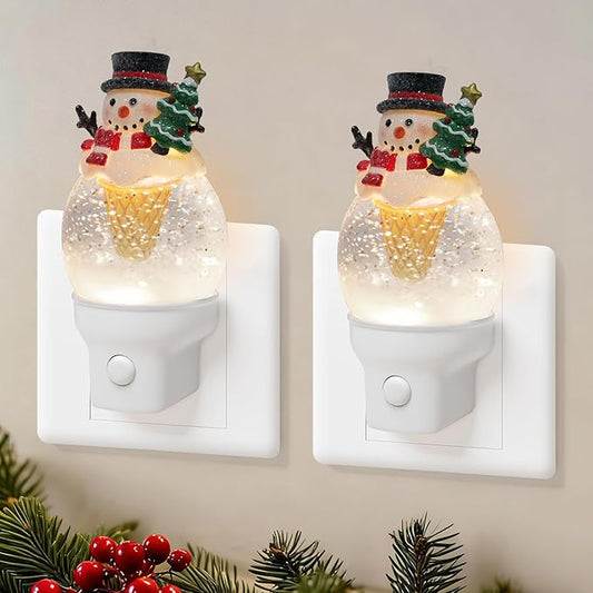 2 Pack Christmas Night Light Plug into Wall Glitter Water Nightlight with USB/Outlet Options, Christmas Snowman Ice Cream Decorative Nightlight for Holiday Decorations Gifts (Snowman Ice Cream)