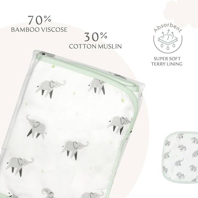 Bamboo Viscose Baby Hooded Towel & Washcloth Set for Babies and Toddlers, Soft & Absorbent, 70% Viscose from Bamboo, 30% Cotton Muslin - Imported (Elephant)