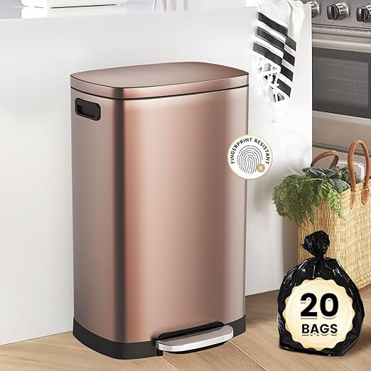 ELPHECO Kitchen Trash Can with Lid Soft Close, 13 Gallon / 50L Stainless Steel Pedal Garbage Can, Heavy-Duty Step Wastebasket with 20 Bags, Removable Bucket, Home Office, Champagne