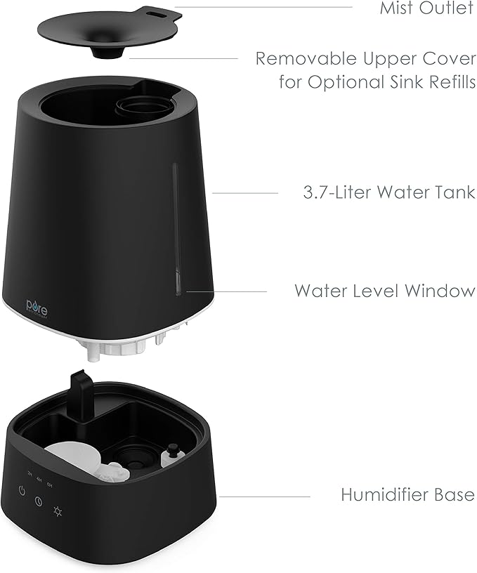 Pure Enrichment HUME Max - Easy Top-Fill Ultrasonic Cool Mist Humidifier, 3.7-L (1 Gallon) Water Tank, 3 Mist Settings, & Auto Shut-Off Timer - Ideal for Large Bedrooms, Nurseries & Dry Areas (Black)