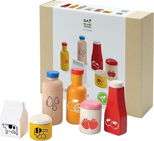 PlanToys® Wooden Food & Beverage Pretend Play Set | Montessori Kitchen Toys for Toddlers & Kids | Eco-Friendly Wooden Role Play Food | Includes Milk Carton, Juice, Water, Ketchup, Jam & Honey