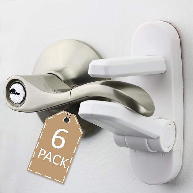 Door Lever Lock (6 Pack) Prevents Toddlers from Opening Doors. 3.25" L * 1.5" W * 4.5" H Easy One Hand Operation for Adults. Durable ABS with 3M Adhesive Backing. Simple Install, No Tools Needed.