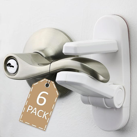 Door Lever Lock (6 Pack) Prevents Toddlers from Opening Doors. 3.25" L * 1.5" W * 4.5" H Easy One Hand Operation for Adults. Durable ABS with 3M Adhesive Backing. Simple Install, No Tools Needed.