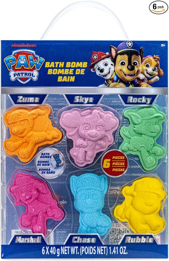 Paw Patrol 6 Pack Cucumber Melon Scented Bath Bombs Non-Toxic Character Molded Bath Bombs Fun and Bright Colors Great for Birthday Gifts, Stocking Stuffers, Slumber by Townley Girl