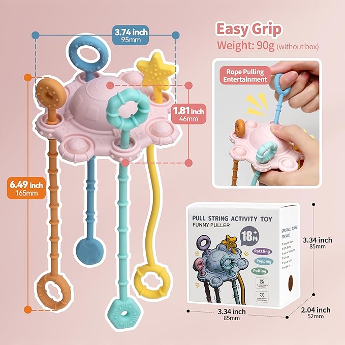 Montesorri-Toys - Pull String Toys for Baby - Made of 100% Food Grade Silicone with Built-in Rattle Function and Easy to Clean Design (Pink)