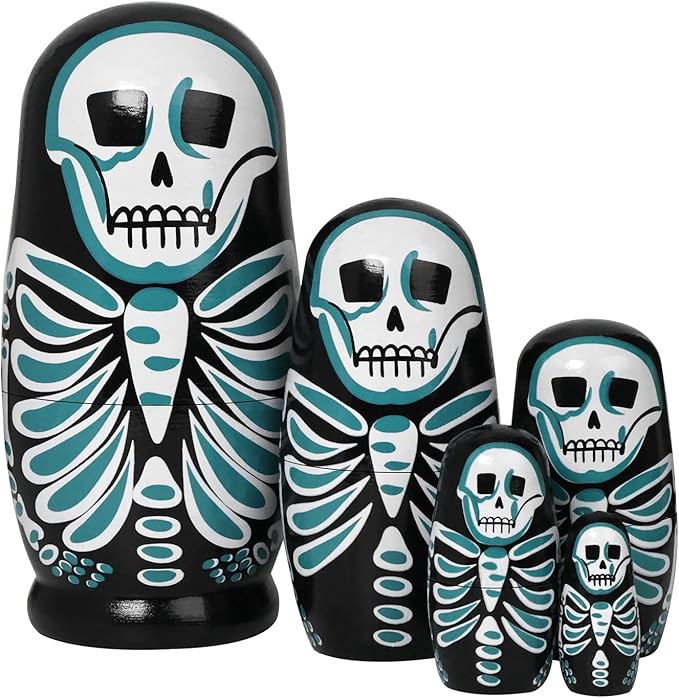 Nesting Skulls, 5 Pcs Handmade Wooden Russian Stacking Dolls, Home Halloween Decoration Gift