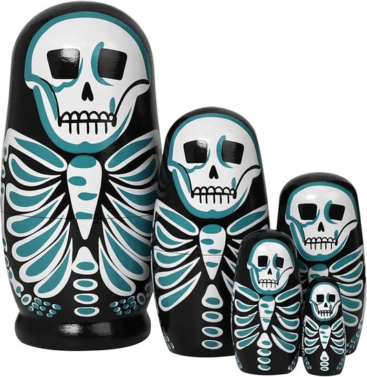 Nesting Skulls, 5 Pcs Handmade Wooden Russian Stacking Dolls, Home Halloween Decoration Gift