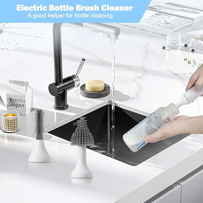 Electric Baby Bottle Brush Set with Rechargeable Electric Bottle Brush Cleaner and Replaceable Silicone Bottle Brushes and Straw Brush Cleaner, Waterproof Multi-Purpose Cleaning Brush (White)