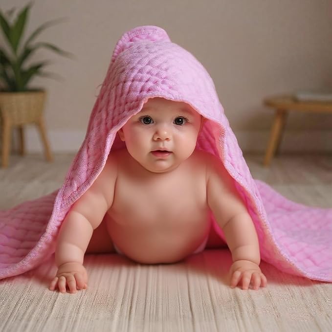 VitalCozy 6 Pcs Baby Muslin Hooded Bath Towels and Washcloths, 32 x 32 Inch Muslin Cotton Hooded Baby Towels Absorbent Blankets for Gift Newborn Infant Shower(White, Pink)