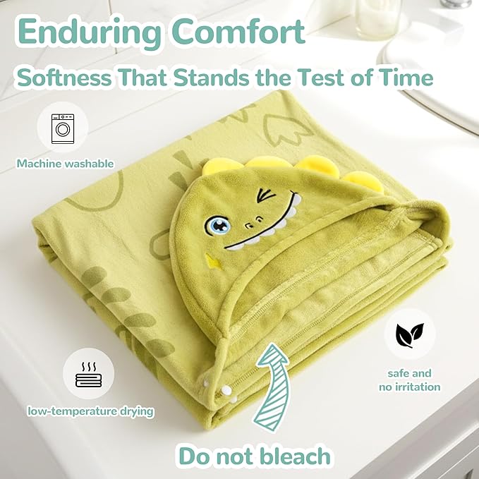 HECCEI HoodieHug Baby Towels, Premium Coral Fleece Bath Towel with Large Size-Ultra Absorbent for Baby Comfort- Great Gift for Newborn, Toddler and Kid (Dinosaur)