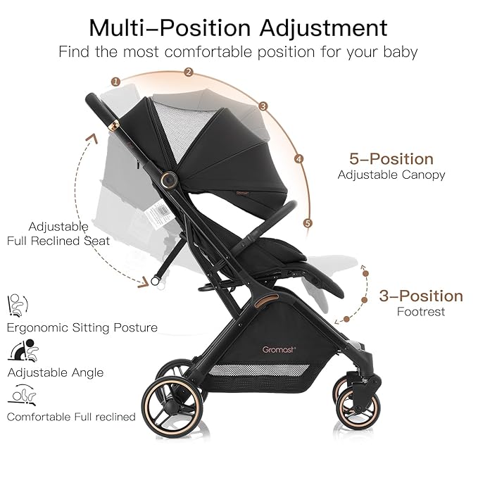 Gravity Folding Baby Stroller - Portable Travel Toddler Stroller w/Adjustable Backrest & Canopy, Cup Holder, Lightweight and UV Protected, One-Hand Automatic Folding - Black