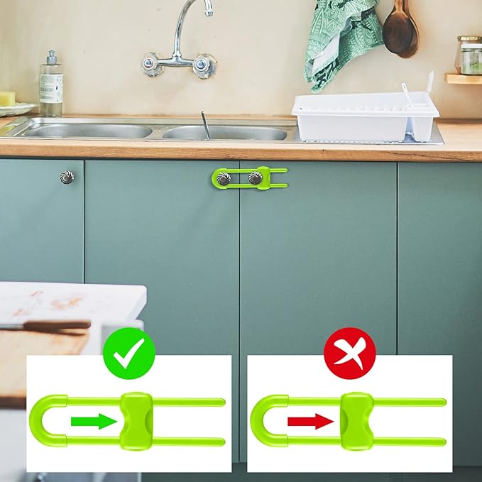 Jetec 10 Pieces Cabinet Locks for Babies, U-Shaped Proofing Drawers Safety Child Locks Adjustable, Easy to Use Childproof Latch for Knob Handle on Kitchen Door Storage Cupboard Closet (Green)