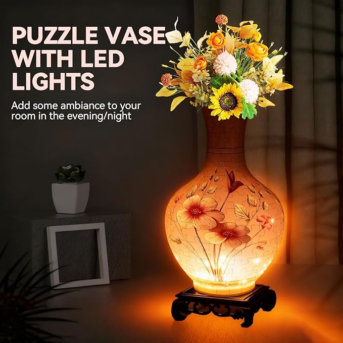 3D Puzzles Vase for Adults, Crafts for Adults, 164 Pieces Plastic DIY Unique Flower Vase with LED Light House Warming Gift Birthday Gifts for Flower Arrangements and Home Decor (Pink)