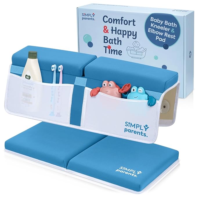 Simply Parents Comfortable Baby Bath Kneeler and Elbow Rest Pad Set - Quick-Dry Non-Slip Bath Kneeling Pad for Bathing Baby, Baby Bath Time Essentials for Newborn, Baby Bath Accessories for Tub, Blue
