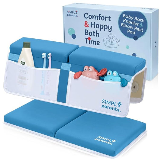 Simply Parents Comfortable Baby Bath Kneeler and Elbow Rest Pad Set - Quick-Dry Non-Slip Bath Kneeling Pad for Bathing Baby, Baby Bath Time Essentials for Newborn, Baby Bath Accessories for Tub, Blue