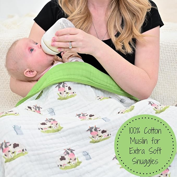 LollyBanks Muslin Baby Blanket 100% Organic Cotton, Muslin Quilt Lightweight, 6 Layers Baby Blankets 47"x 47", Toddler Blanket for Boy and Girl, Nursery Receiving Blankets (Cows Print)