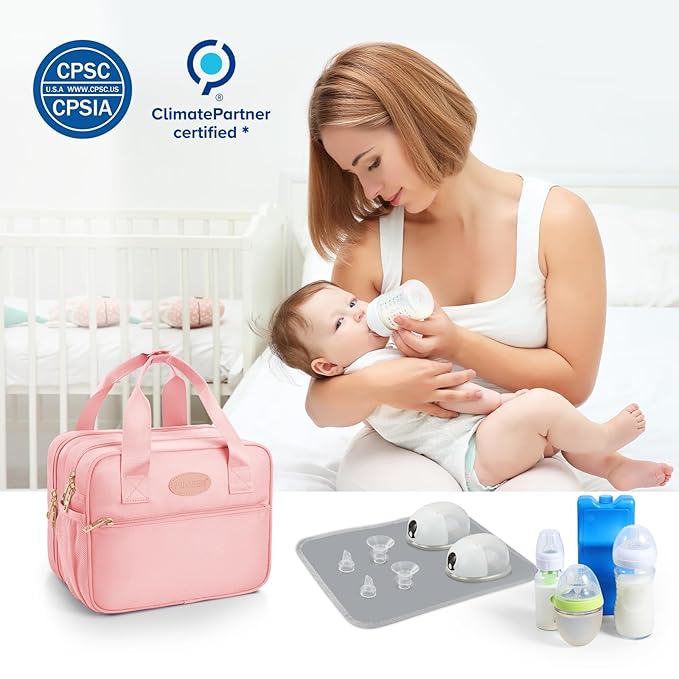 PIIOSER Breastmilk Cooler Bag with Ice Pack, Compatible with Wearable Breast Pumps & Accessories - Portable Pumps Carrying Case for Nursing & Working Moms, Pink