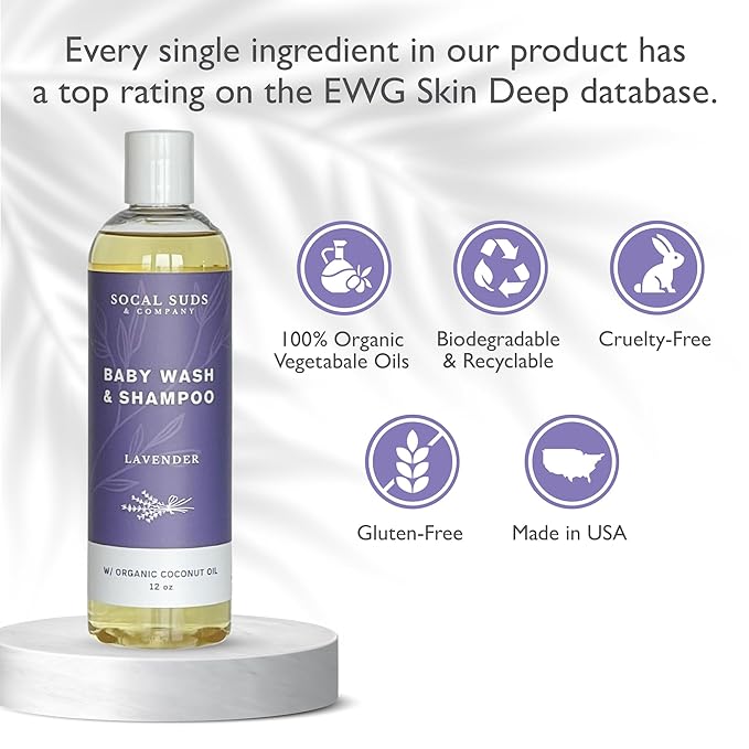 SoCal Suds & Company Baby Shampoo & Body Wash, 2-in-1 Organic Gel - Gentle Castile Soap with Vitamin-Infused Oils & Botanicals - Natural Care for Sensitive Skin & Body Hypoallergenic - 12oz Lavender