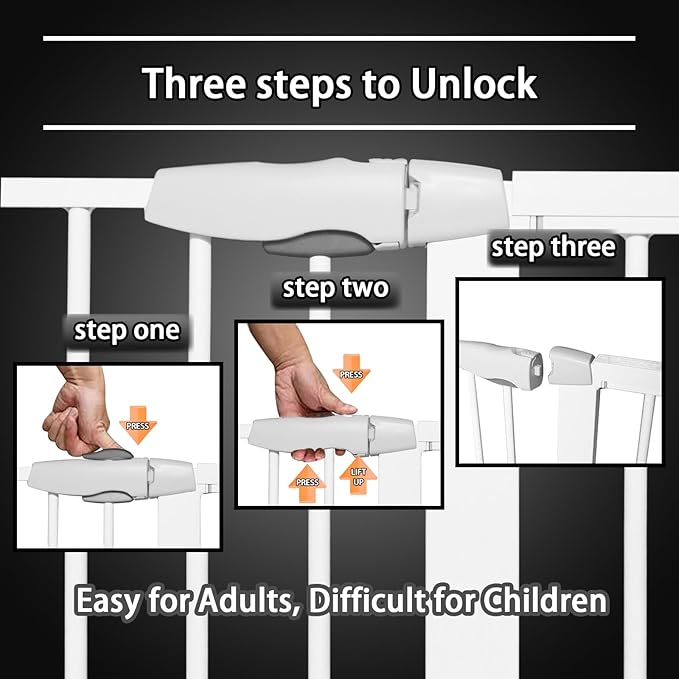 Metal Baby Gate Dog Gate Meteorite White 85.6''-105.2'' Inch Extra Wide Pet Gate for Stairs Doorways Pressure Mounted Walk Thru Child Gate with Door NO Need Tools NO Drilling with Wall Cups