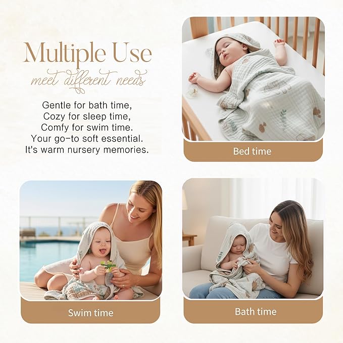 Ultra-Soft Muslin Baby Hooded Towel - 32 x 32 Inches, Ideal for Bath & Beach, Suitable for Both Boys & Girls from Newborns to Toddlers