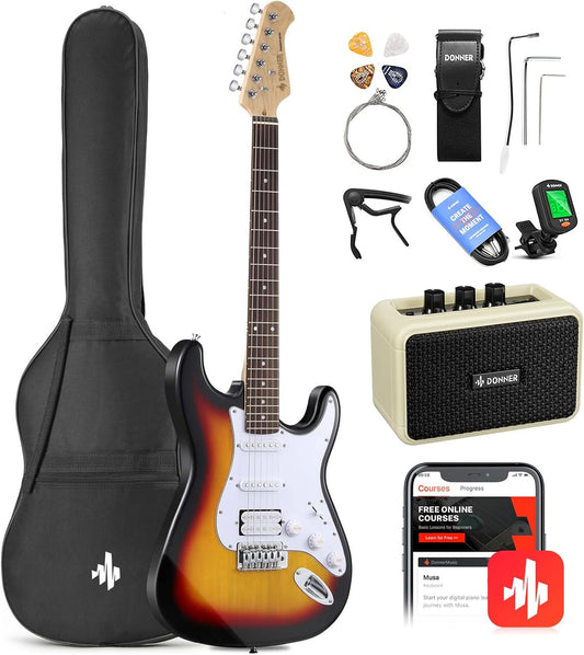 Donner DST-100S 39 Inch Full Size Electric Guitar Kit Solid Body Sunburst, Beginner Starter, with Amplifier, Bag, Capo, Strap, String, Tuner, Cable, Picks