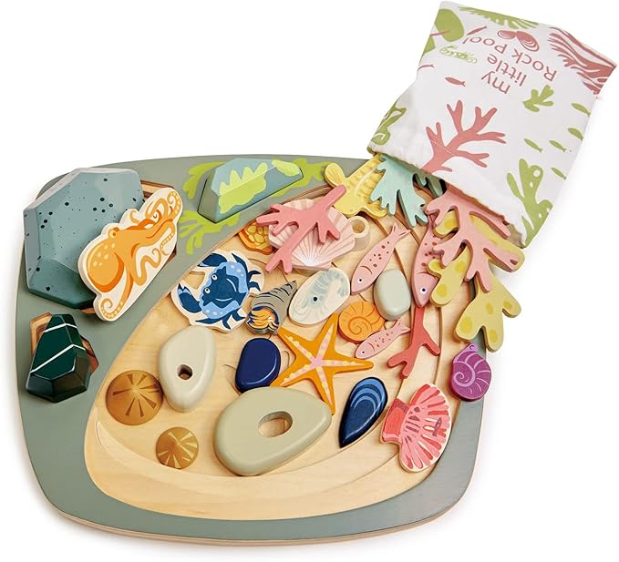 Tender Leaf Toys - My Little Rock Pool - 35 Piece Wooden Sea Life Set with Illustrated Drawstring Bag - Educational Play toy, Improve Fine Motor Skills, Shape Sorting Play for Boys and Girls - Age 3 +