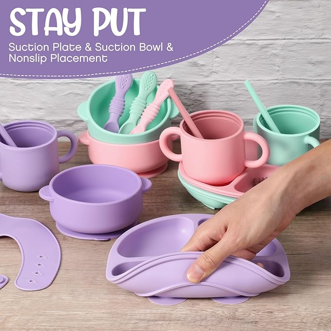 24 Pack Silicone Baby Feeding Set Baby LED Weaning Supplies Includes Suction Divided Plates Soft Bowl Spoons Forks Adjustable Bib Snack Cup and Straws(Pink, Purple, Mint Green)