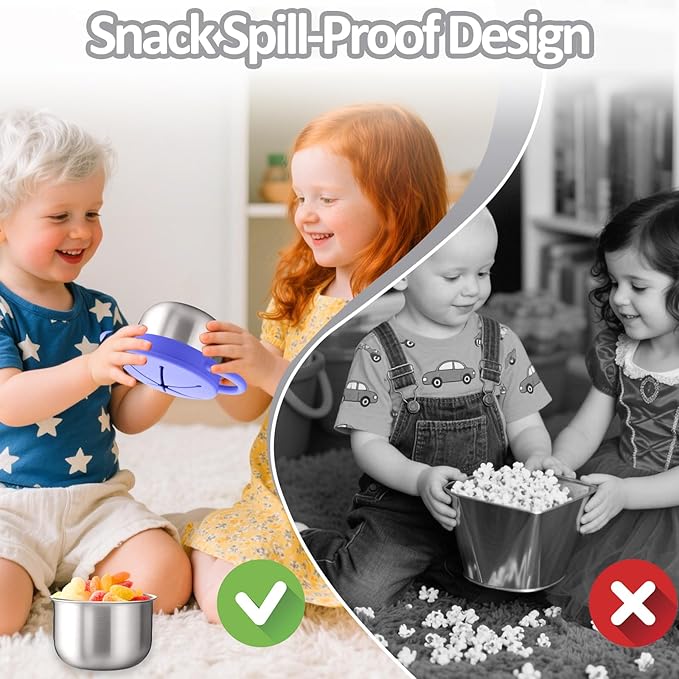 BUSOHA 2 Pack Stainless Steel Toddler Snack Cups - 9 OZ Snack Cups for Toddlers Spill Proof with Catcher and Lid Travel Snack Containers for Kids Food Grade Silicone Dishwasher Safe