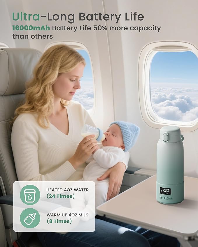 Portable Bottle Warmer Extended Battery Life - Dual Heating Modes for Breast Milk & Water, 17 Ounces, Fast Heating, Ideal for Travel, Outdoor, Baby Shower, Green