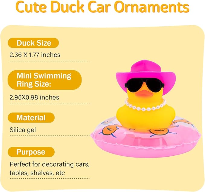 wonuu Car Rubber Duck, Yellow Duck Decoration Dashboard with Sun Hat Swim Ring Necklace Sunglasses for Car Dashboard Decorations