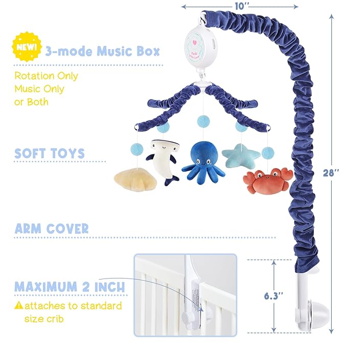 Ocean Crib Mobile for Boys & Girls – Sea Animals Baby Mobile for Crib with Upgraded 3-Mode Music Box, Blue Nursery Mobiles, Fits Standard Cribs
