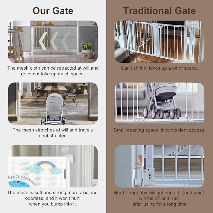 Retractable Baby Gate for Doorways and Stairs, Mesh Safety Gate for Pet, Indoor & Outdoor Use, One-Hand Operation, Easy Installation, 34" Tall, Expands to 71" Wide,Dinosaurs, 34"x71"