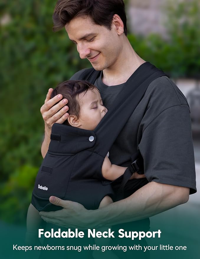 BABELIO Baby Carrier Newborn to Toddler, Wide Shoulder Straps Ergonomic Lightweight Infant Carrier for 7-45lbs, with Head Support, Hands-Free, Black