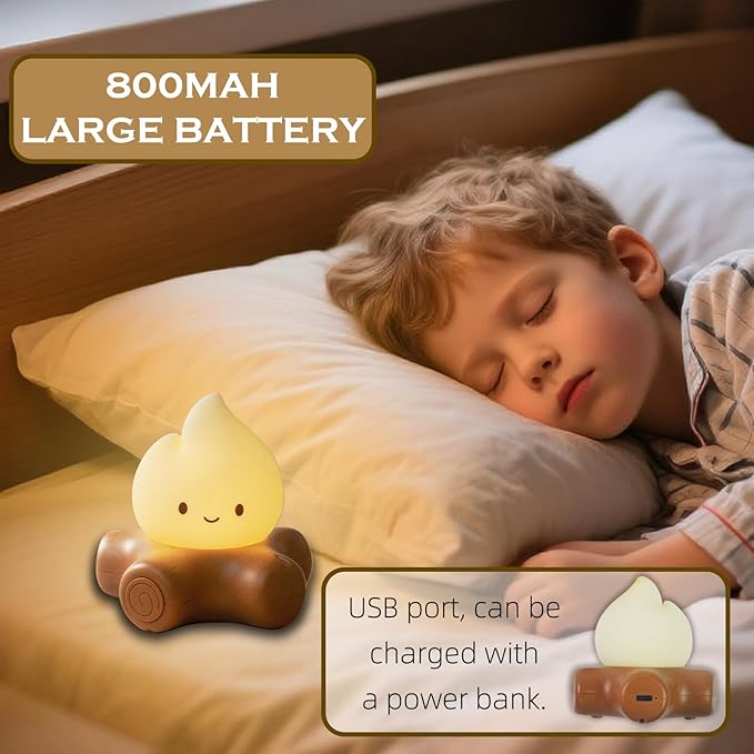 Cute Fake Campfire Lamp with White Noise, 5 Soothing Sounds & Flickering Flame Light, Rechargeable Portable Night Light for Sleep, Relaxation, Camping Decor & Gifts (White Noise Version)