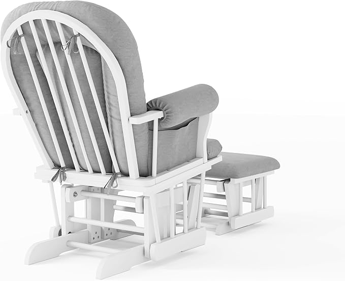 Child Craft Cozy Glider Rocker and Ottoman Set, Padded Cushion with Convenient Storage Pockets, Solid Wood Base & Frame (Matte White with Light Gray Cushion)