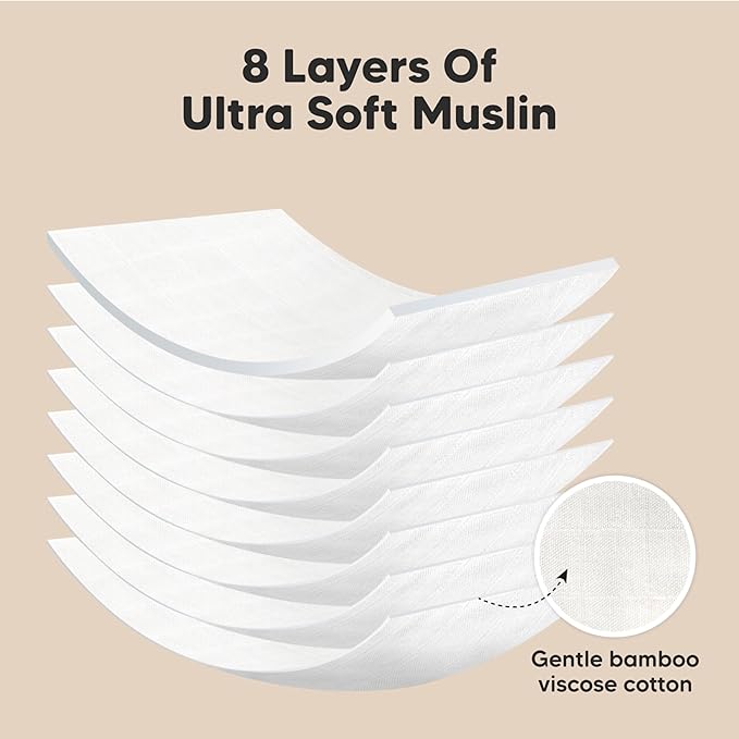 5-Pack Muslin Burp Cloths Baby Boy, Girl - Very Absorbent Baby Burp Cloth Rags, 8-Layers Viscose Derived from Bamboo Cotton Muslin Towel, Super Soft Spit Up Rags, No Shrink Washcloths (Soft White)