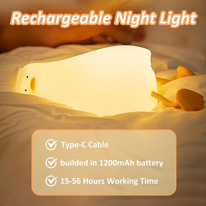 Lying Flat Duck Night Light, Cute Light Up Duck Soft Silicone Nursery Night Lamp with Touch Control & Rechargeable & Timer & Dimmer for Kids, Birthday Festival New-Born Gifts for Baby Kids