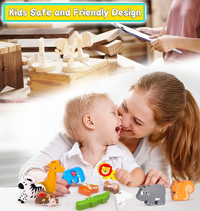 Wooden Animal Puzzles Toys for Toddlers,12PC Safari Animal Figures,Animal Matching Sorting Stacking Toys for Boys Child Girls,Educational Learning Toys Gift for Kids (Safari)