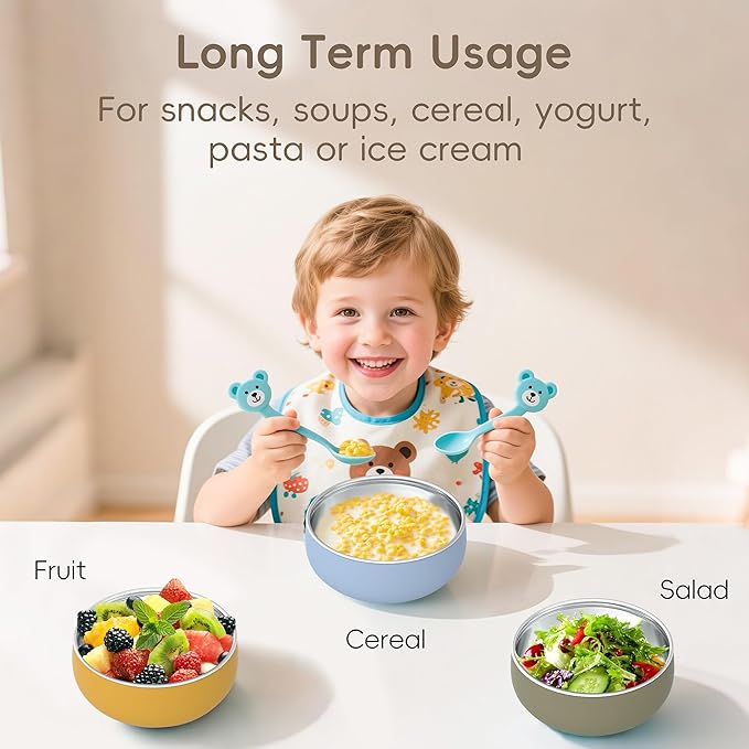 Bella's Friends Stainless Steel Baby Bowls with Silicone Sleeve 3 Pack, 5” for Toddlers Kids Feeding, Non-Slip, Non-Toxic, Mess-Free, Dishwasher Safe, Fit High Chair Size
