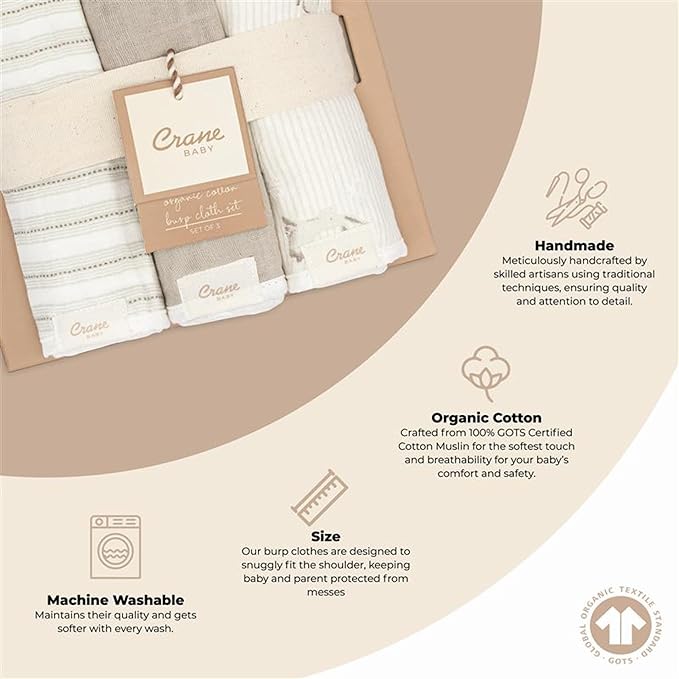 Crane Baby Organic Muslin Baby Burp Cloths, 3-Pack, 100% GOTS Organic Cotton, Absorbent, Lightweight, Machine Washable, Bunny