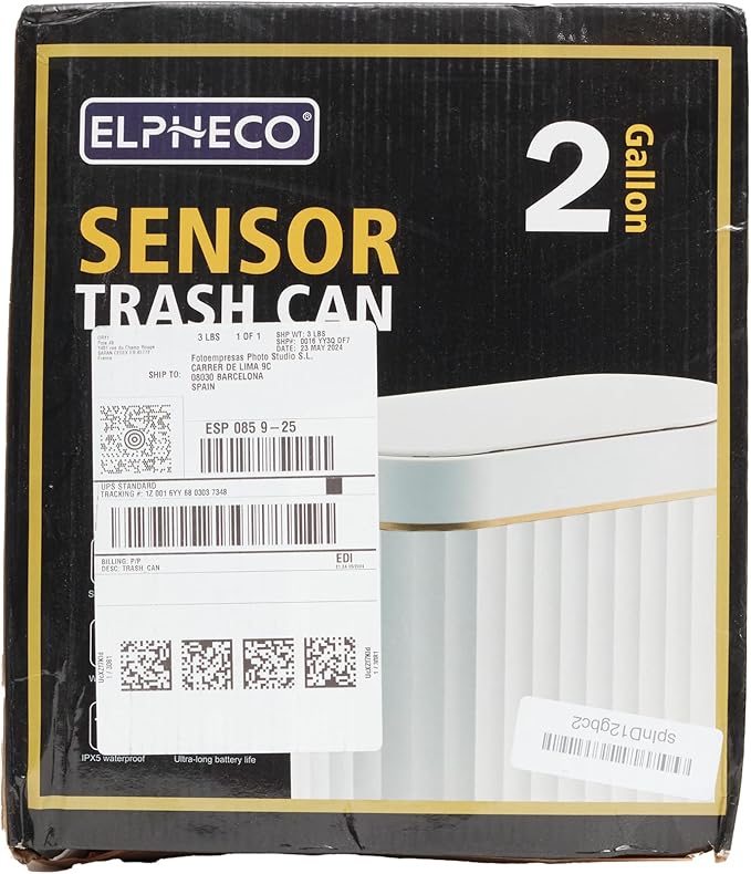 ELPHECO Automatic Motion Sensor Trash Can - 2 Gallon Slimline for Bathroom, Bedroom, Kitchen, Office - White with Gold Trim