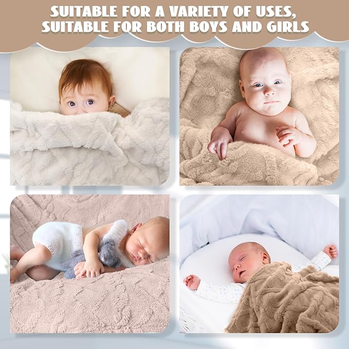 VitalCozy 4 Pcs Fluffy Baby Blanket Fleece 30" x 40" 3D for Boys Nursery Little Girl Infant or Newborn Receiving Swaddling Blankets(Khaki Set)