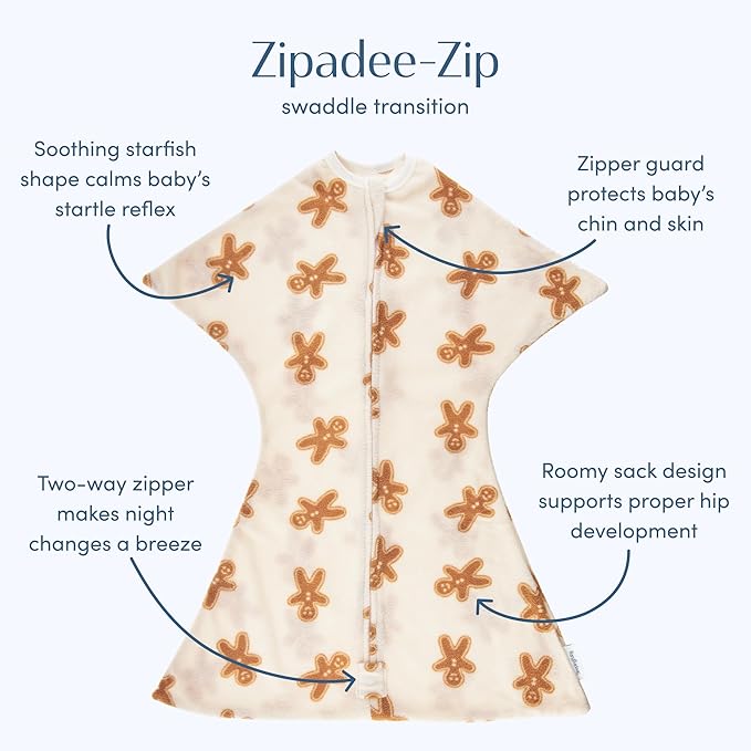 SleepingBaby Zipadee-Zip Transition Swaddle - Cozy Fleece Wearable Blanket with Two-Way Zipper for Baby Sleep - Cookies, Small (4-8 Month)