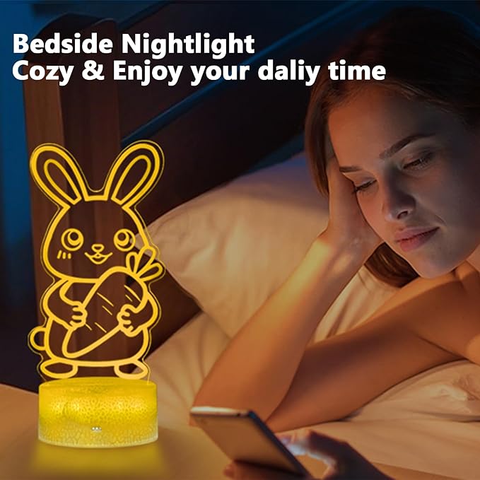 Cute Rabbit Night Light,Bunny 3D Lamp Girls Room Decor 16 Colors Changing for Kids Gifts for Christmas Birthday
