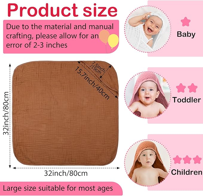 Peryiter 6 Pcs Muslin Hooded Baby Towels, 32"x 32" Cotton Newborn Bath Towel Muslin Infant Baby Blankets Absorbent Unisex Newborn Registry Gift Essentials for Girls Boys (Red)