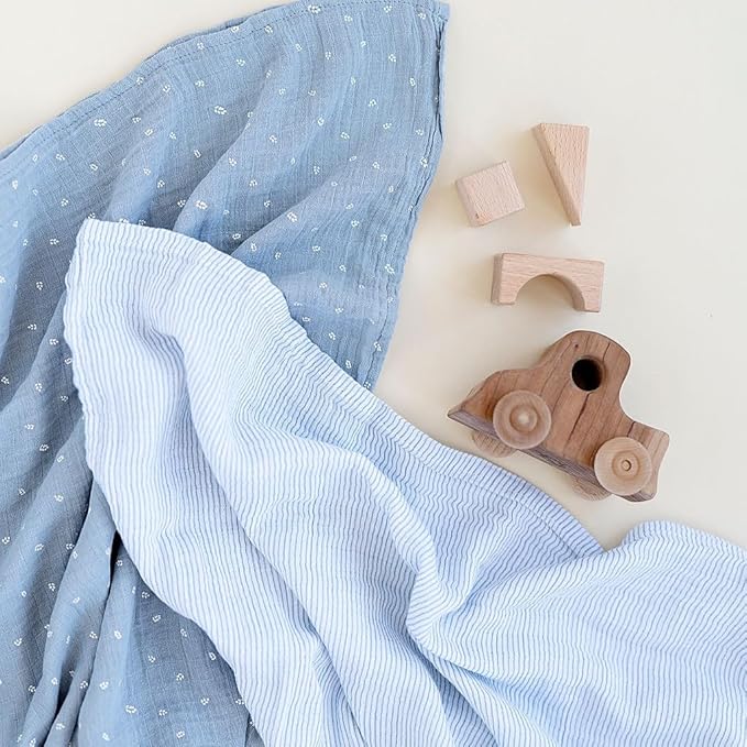 Ely's & Co. Muslin Swaddle Blanket 2-Pack — 100% Cotton Muslin Extra-Large Swaddle Blankets (47” x 47”) Solid Blue + Printed Blue Leaf