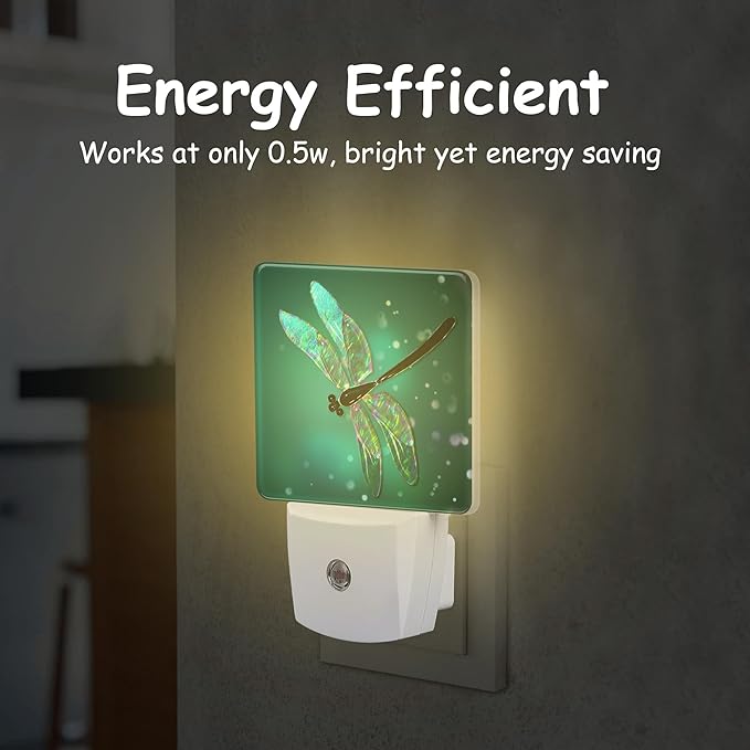 Fantasy Green Glowing Dragonfly Night Light Plug into Wall with Dusk to Dawn Sensor Energy Efficient LED Nightlight for Women Girls Boys Room Decor,Hallway,Kitchen,Bathroom,Nursery,Stairs