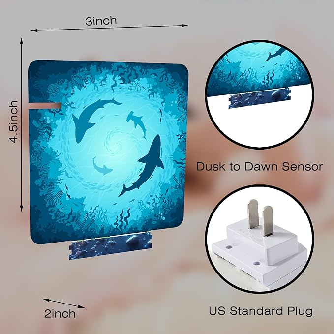 Blue Sharks and Corals Underwater World Fish Marine Lifes Dusk to Dawn Night Light Plug in, 0.5w Energy Saving Sleep Friendly NightLight for Kids Boys Girls Home Decor